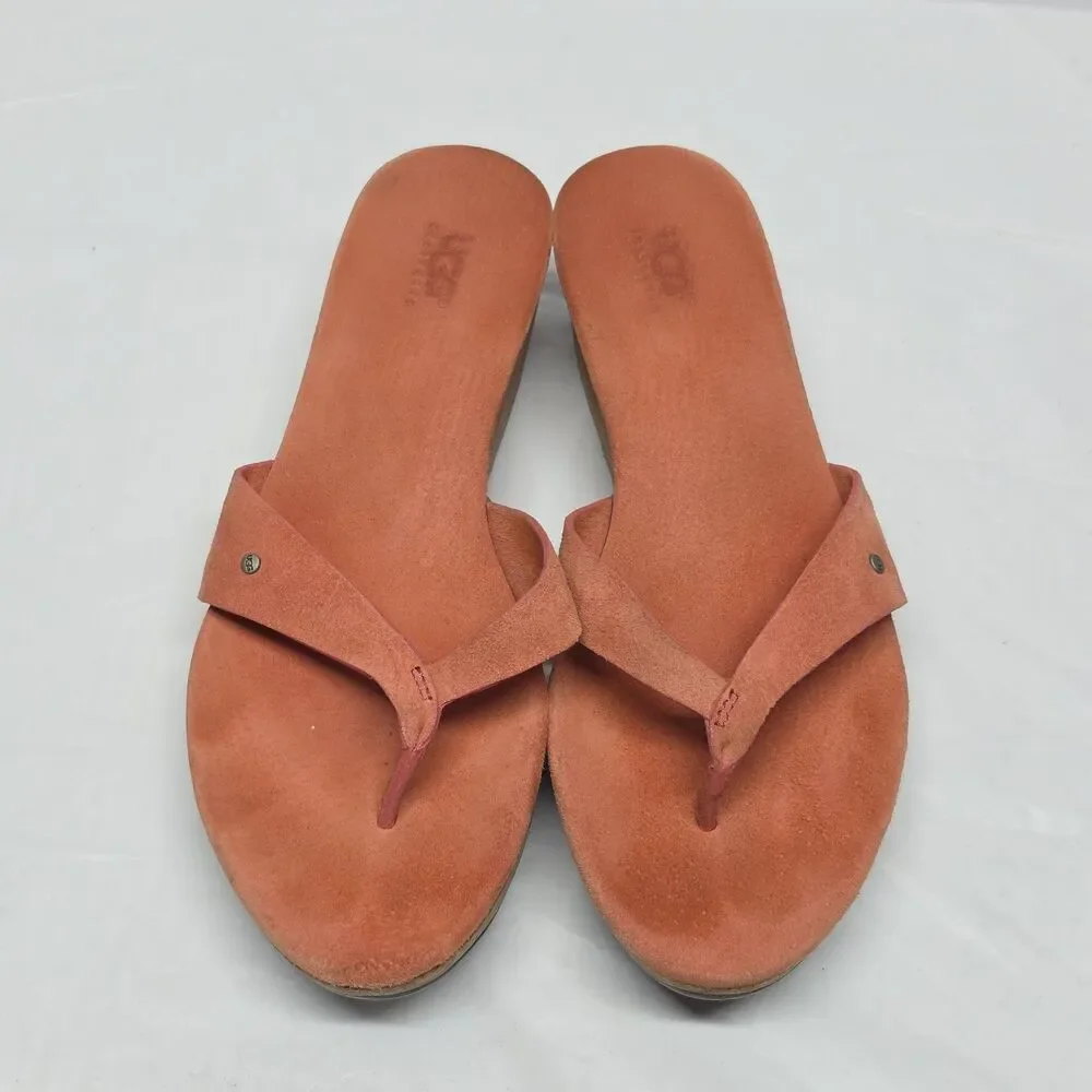 UGG Brook Cork Wedge Coral Orange Suede Thong Sandals Women's 7 Y2K Boho - Picture 2 of 11